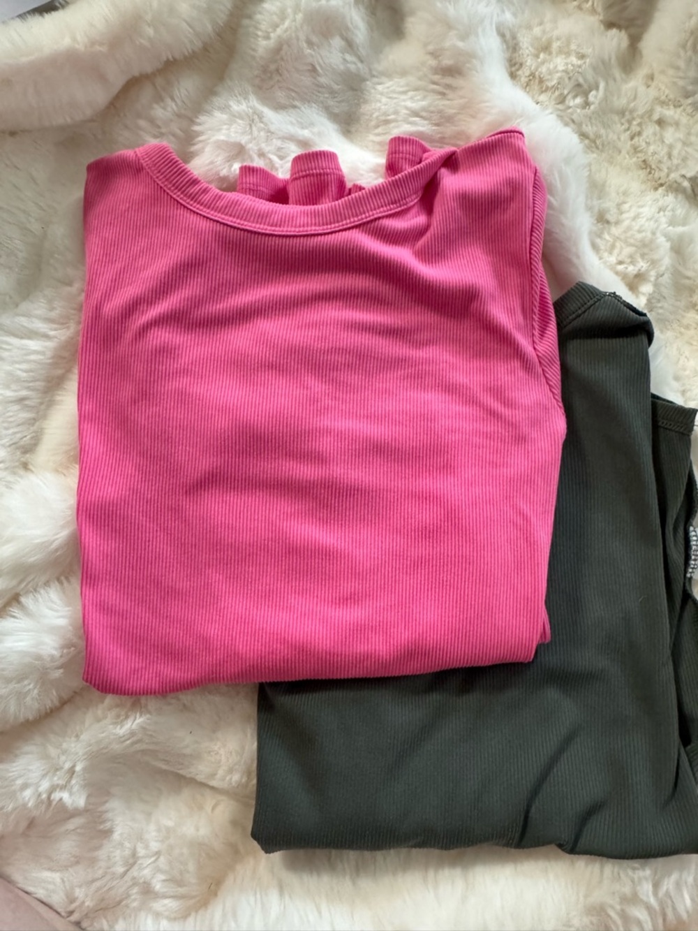 Bright Pink Ribbed Top with Olive Layering Piece
